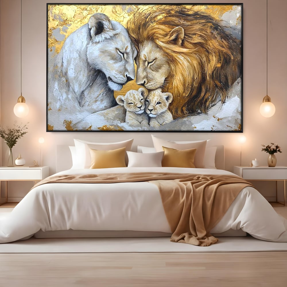 Leinwandbilder Premium, LuxCanva® M1360, Ewige Bindung, Familie, Löwen, Huhn, Liebe, Zärtlichkeit, Schutz, Dynastie, Tiere, Geschwister, königlich, golden, königlich, Malerei, Büro, Wohnen, Kinderzimmer