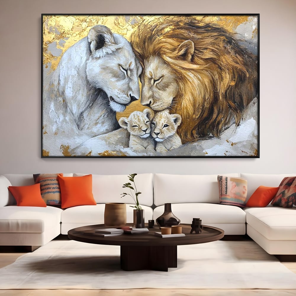 Leinwandbilder Premium, LuxCanva® M1360, Ewige Bindung, Familie, Löwen, Huhn, Liebe, Zärtlichkeit, Schutz, Dynastie, Tiere, Geschwister, königlich, golden, königlich, Malerei, Büro, Wohnen, Kinderzimmer
