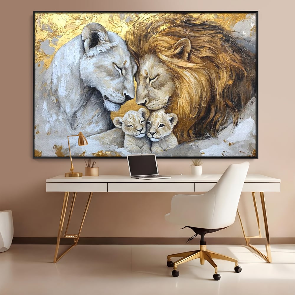 Leinwandbilder Premium, LuxCanva® M1360, Ewige Bindung, Familie, Löwen, Huhn, Liebe, Zärtlichkeit, Schutz, Dynastie, Tiere, Geschwister, königlich, golden, königlich, Malerei, Büro, Wohnen, Kinderzimmer