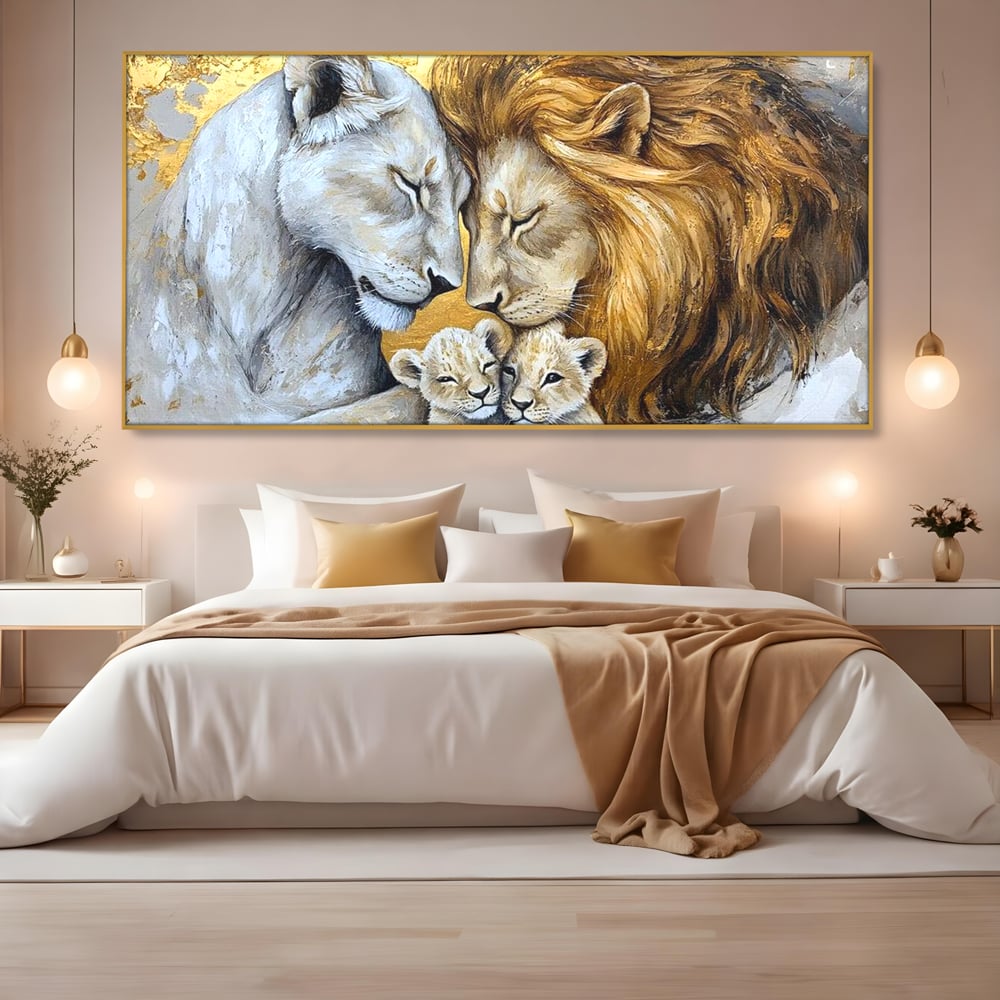 Leinwandbilder Premium, LuxCanva® M1360, Ewige Bindung, Familie, Löwen, Huhn, Liebe, Zärtlichkeit, Schutz, Dynastie, Tiere, Geschwister, königlich, golden, königlich, Malerei, Büro, Wohnen, Kinderzimmer