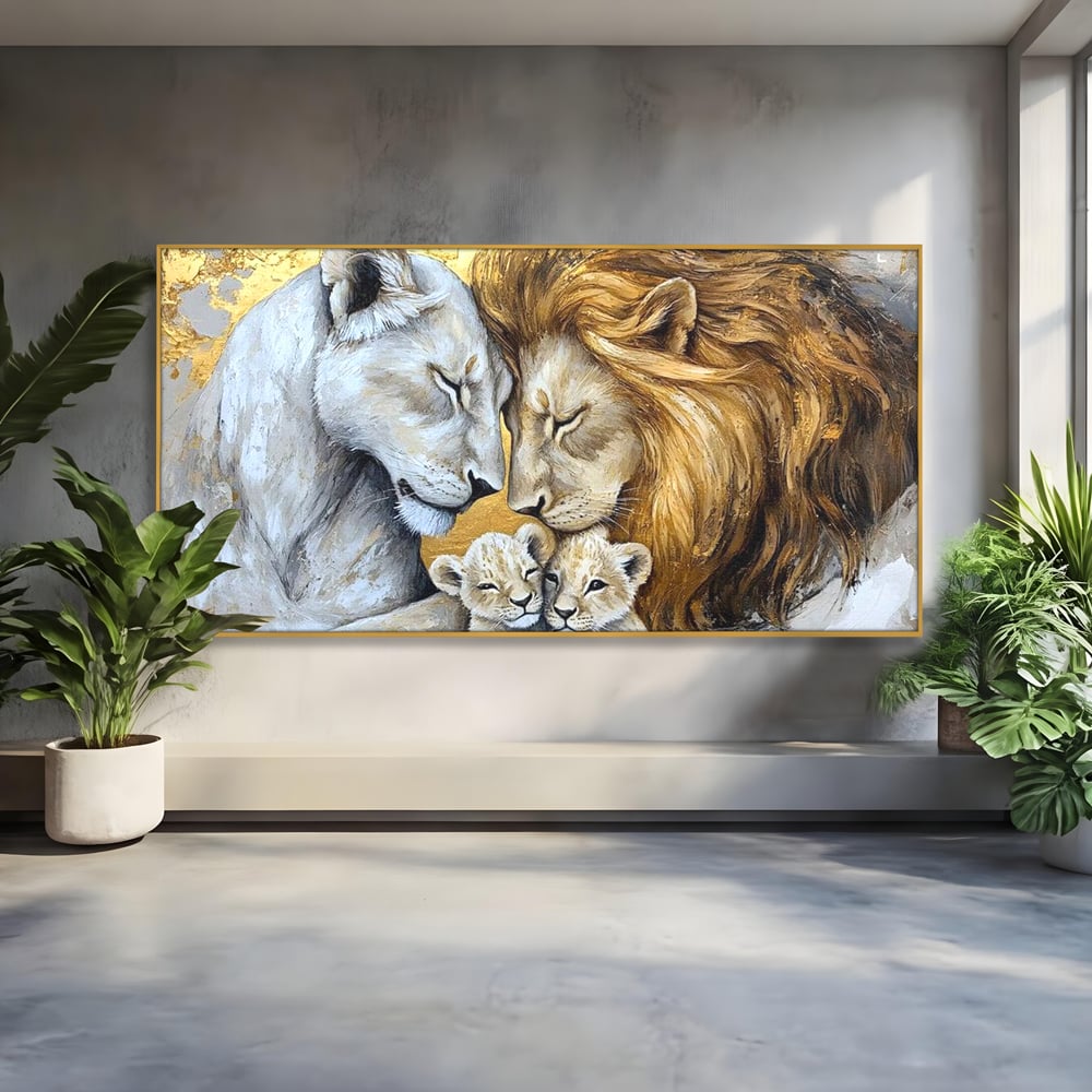 Leinwandbilder Premium, LuxCanva® M1360, Ewige Bindung, Familie, Löwen, Huhn, Liebe, Zärtlichkeit, Schutz, Dynastie, Tiere, Geschwister, königlich, golden, königlich, Malerei, Büro, Wohnen, Kinderzimmer