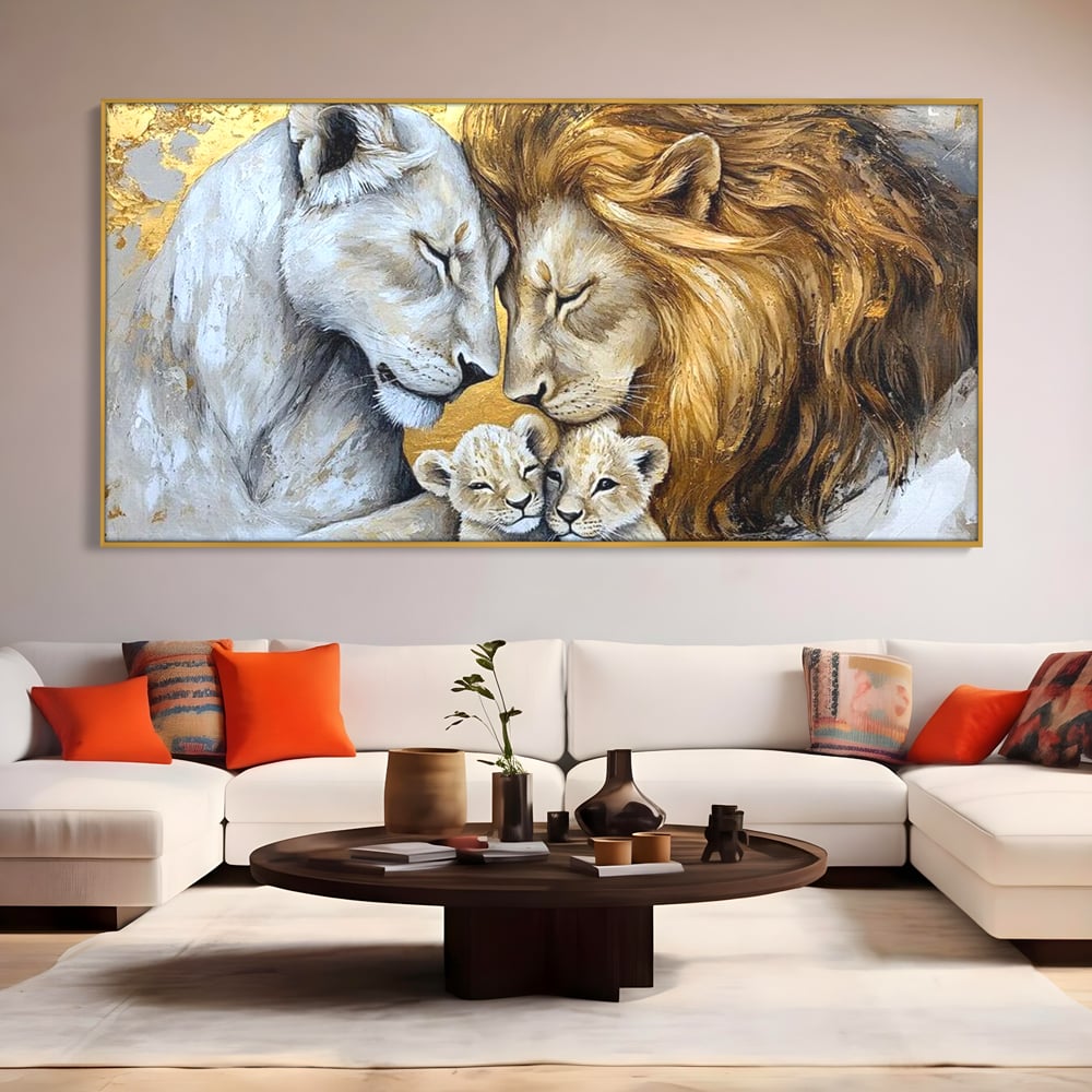 Leinwandbilder Premium, LuxCanva® M1360, Ewige Bindung, Familie, Löwen, Huhn, Liebe, Zärtlichkeit, Schutz, Dynastie, Tiere, Geschwister, königlich, golden, königlich, Malerei, Büro, Wohnen, Kinderzimmer