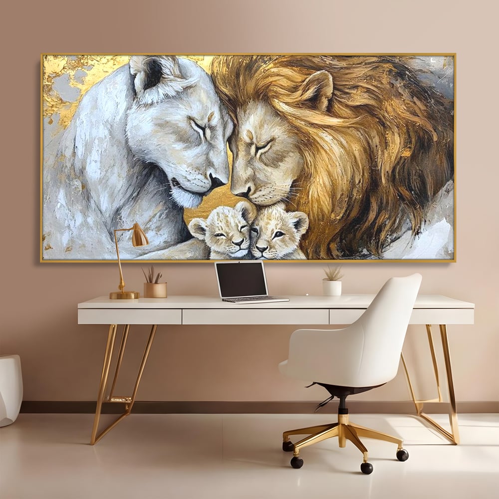 Leinwandbilder Premium, LuxCanva® M1360, Ewige Bindung, Familie, Löwen, Huhn, Liebe, Zärtlichkeit, Schutz, Dynastie, Tiere, Geschwister, königlich, golden, königlich, Malerei, Büro, Wohnen, Kinderzimmer