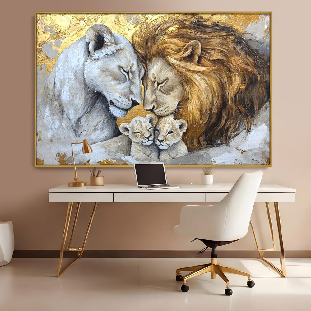 Leinwandbilder Premium, LuxCanva® M1360, Ewige Bindung, Familie, Löwen, Huhn, Liebe, Zärtlichkeit, Schutz, Dynastie, Tiere, Geschwister, königlich, golden, königlich, Malerei, Büro, Wohnen, Kinderzimmer
