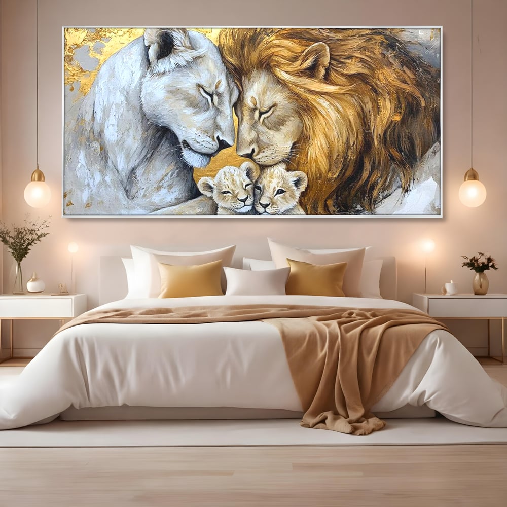 Leinwandbilder Premium, LuxCanva® M1360, Ewige Bindung, Familie, Löwen, Huhn, Liebe, Zärtlichkeit, Schutz, Dynastie, Tiere, Geschwister, königlich, golden, königlich, Malerei, Büro, Wohnen, Kinderzimmer