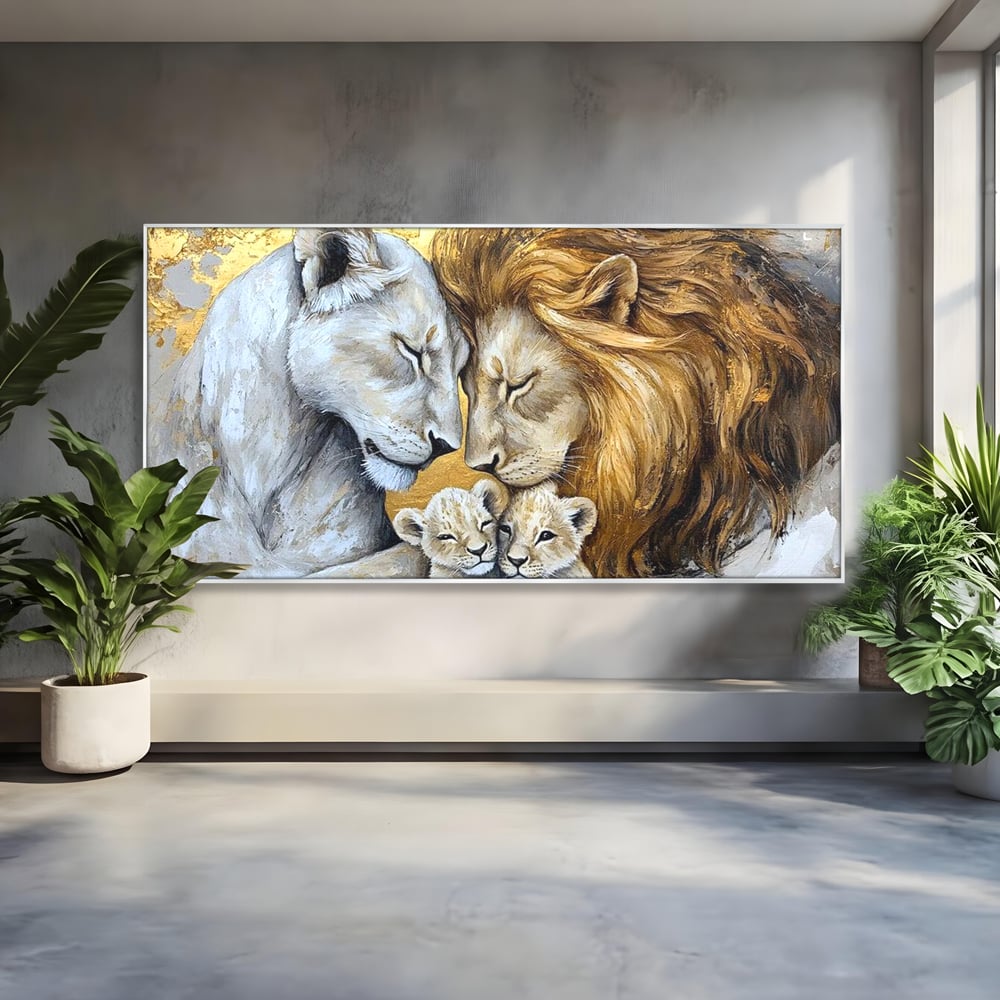 Leinwandbilder Premium, LuxCanva® M1360, Ewige Bindung, Familie, Löwen, Huhn, Liebe, Zärtlichkeit, Schutz, Dynastie, Tiere, Geschwister, königlich, golden, königlich, Malerei, Büro, Wohnen, Kinderzimmer