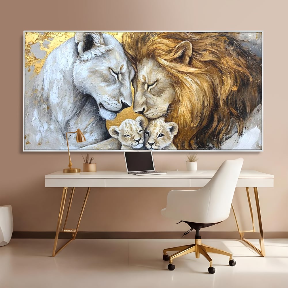 Leinwandbilder Premium, LuxCanva® M1360, Ewige Bindung, Familie, Löwen, Huhn, Liebe, Zärtlichkeit, Schutz, Dynastie, Tiere, Geschwister, königlich, golden, königlich, Malerei, Büro, Wohnen, Kinderzimmer