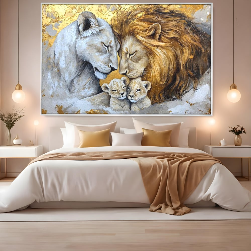 Leinwandbilder Premium, LuxCanva® M1360, Ewige Bindung, Familie, Löwen, Huhn, Liebe, Zärtlichkeit, Schutz, Dynastie, Tiere, Geschwister, königlich, golden, königlich, Malerei, Büro, Wohnen, Kinderzimmer
