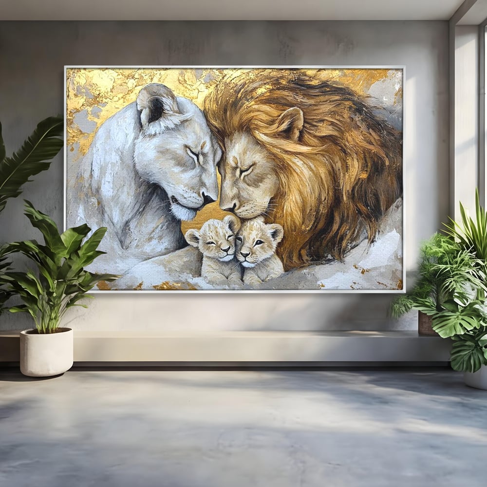Leinwandbilder Premium, LuxCanva® M1360, Ewige Bindung, Familie, Löwen, Huhn, Liebe, Zärtlichkeit, Schutz, Dynastie, Tiere, Geschwister, königlich, golden, königlich, Malerei, Büro, Wohnen, Kinderzimmer