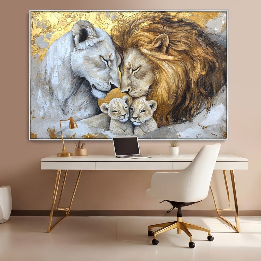 Leinwandbilder Premium, LuxCanva® M1360, Ewige Bindung, Familie, Löwen, Huhn, Liebe, Zärtlichkeit, Schutz, Dynastie, Tiere, Geschwister, königlich, golden, königlich, Malerei, Büro, Wohnen, Kinderzimmer