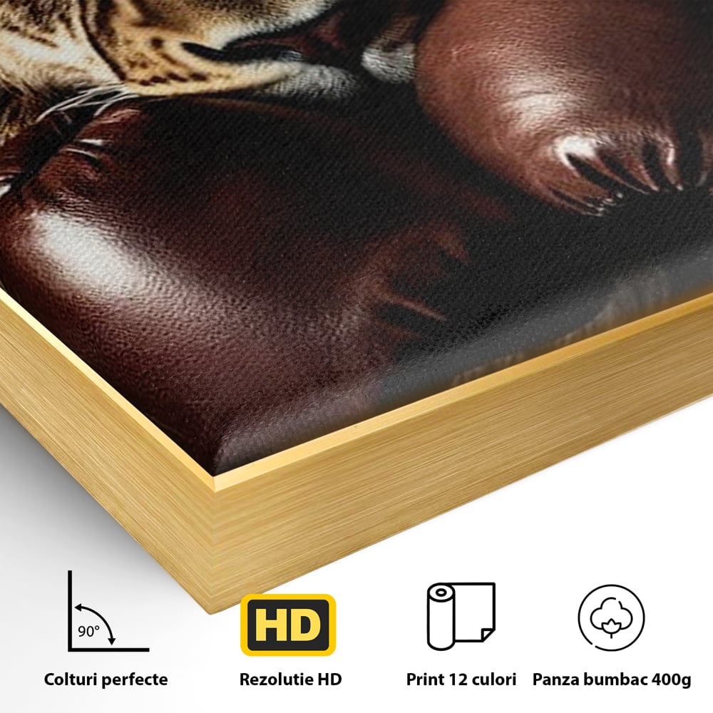 Tablou Canvas Premium, LuxCanva® M1361, Campionul Junglei, Leu, Box, Manusi, Ring, Sport, Trofeu, Forta, Victorie, Curaj, Rege, Adversar, Birou, Living, Camera Copil