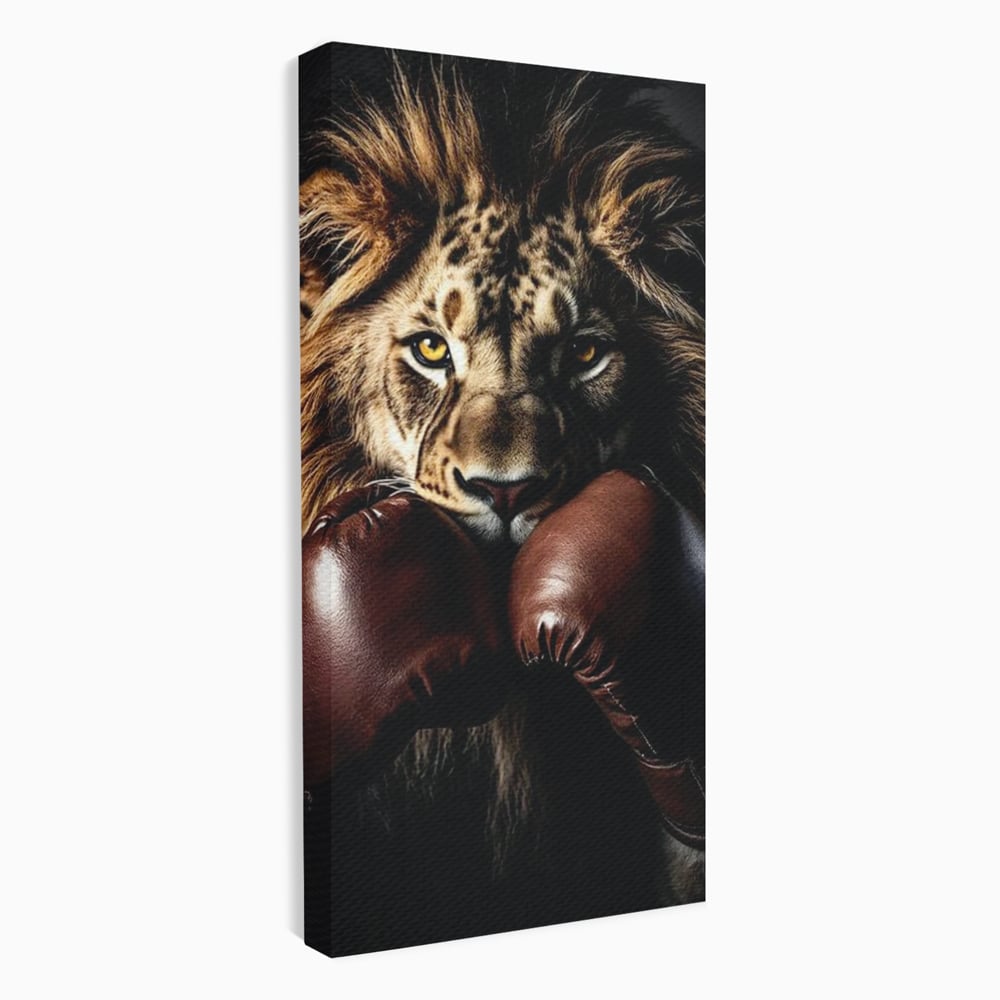 Tablou Canvas Premium, LuxCanva® M1361, Campionul Junglei, Leu, Box, Manusi, Ring, Sport, Trofeu, Forta, Victorie, Curaj, Rege, Adversar, Birou, Living, Camera Copil