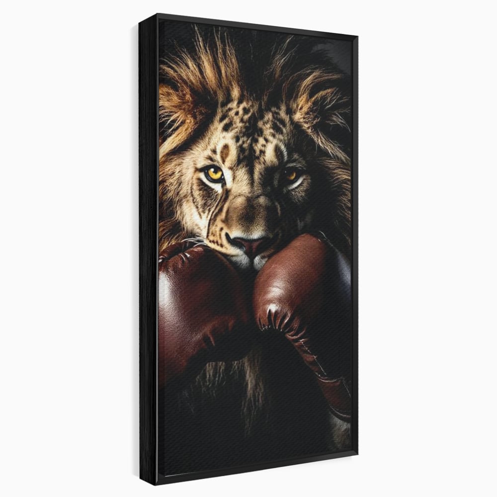 Tablou Canvas Premium, LuxCanva® M1361, Campionul Junglei, Leu, Box, Manusi, Ring, Sport, Trofeu, Forta, Victorie, Curaj, Rege, Adversar, Birou, Living, Camera Copil