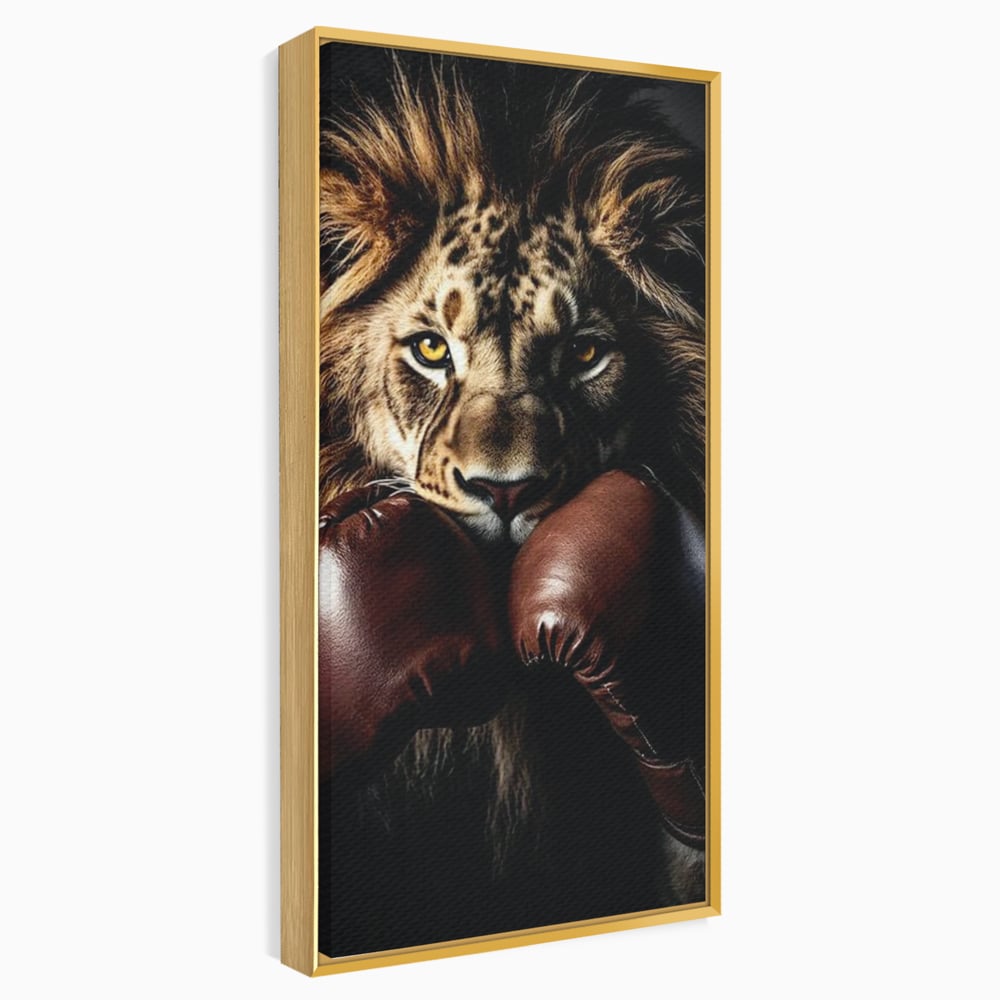 Tablou Canvas Premium, LuxCanva® M1361, Campionul Junglei, Leu, Box, Manusi, Ring, Sport, Trofeu, Forta, Victorie, Curaj, Rege, Adversar, Birou, Living, Camera Copil