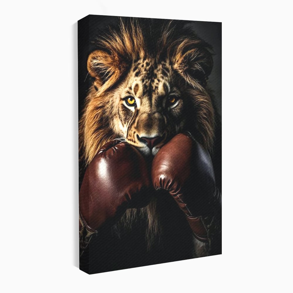 Tablou Canvas Premium, LuxCanva® M1361, Campionul Junglei, Leu, Box, Manusi, Ring, Sport, Trofeu, Forta, Victorie, Curaj, Rege, Adversar, Birou, Living, Camera Copil