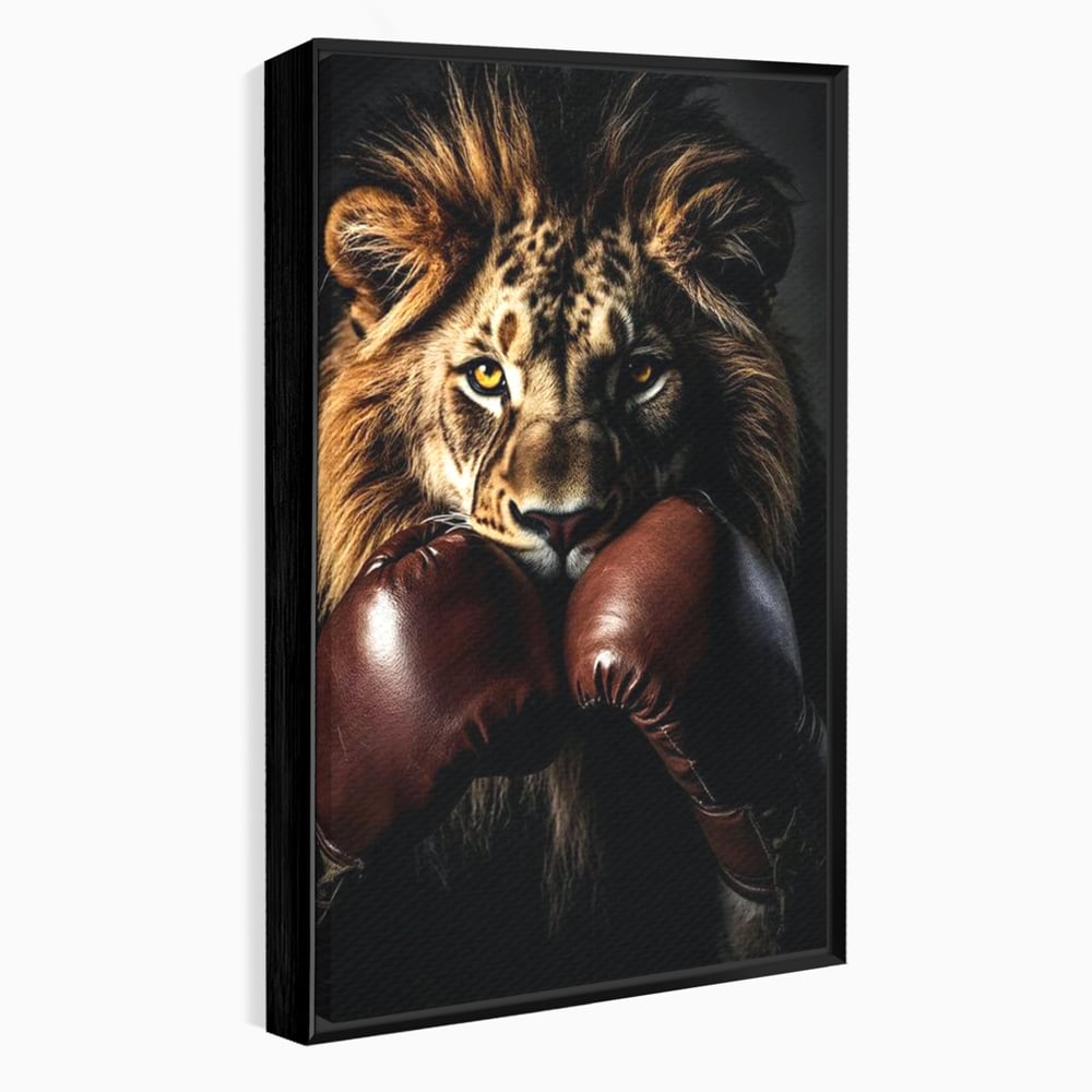 Tablou Canvas Premium, LuxCanva® M1361, Campionul Junglei, Leu, Box, Manusi, Ring, Sport, Trofeu, Forta, Victorie, Curaj, Rege, Adversar, Birou, Living, Camera Copil