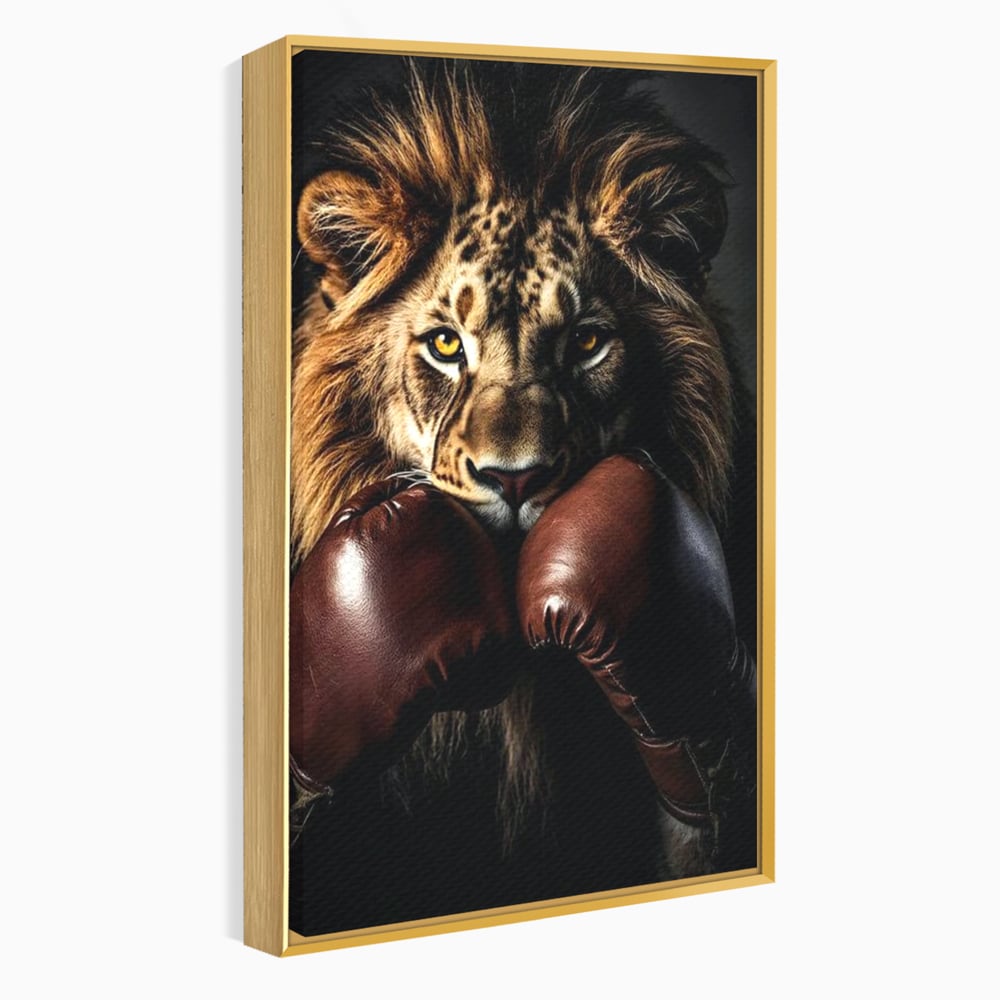 Tablou Canvas Premium, LuxCanva® M1361, Campionul Junglei, Leu, Box, Manusi, Ring, Sport, Trofeu, Forta, Victorie, Curaj, Rege, Adversar, Birou, Living, Camera Copil