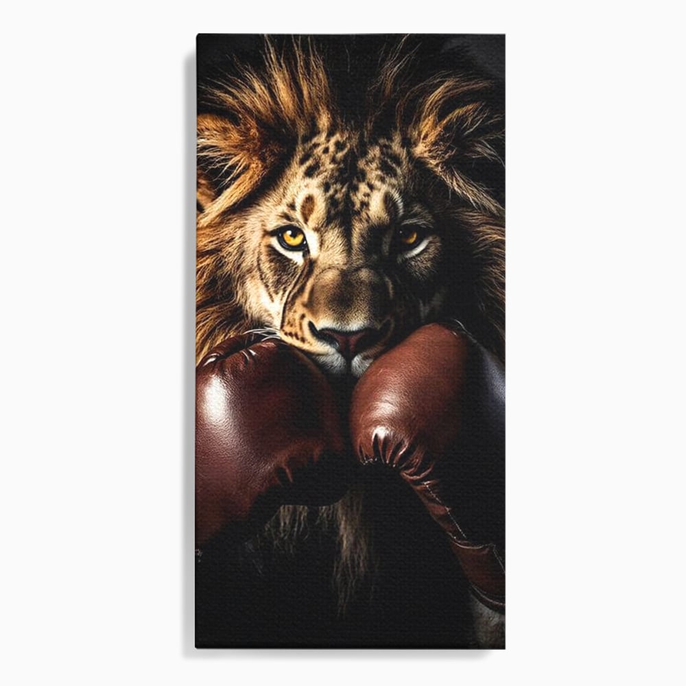 Tablou Canvas Premium, LuxCanva® M1361, Campionul Junglei, Leu, Box, Manusi, Ring, Sport, Trofeu, Forta, Victorie, Curaj, Rege, Adversar, Birou, Living, Camera Copil