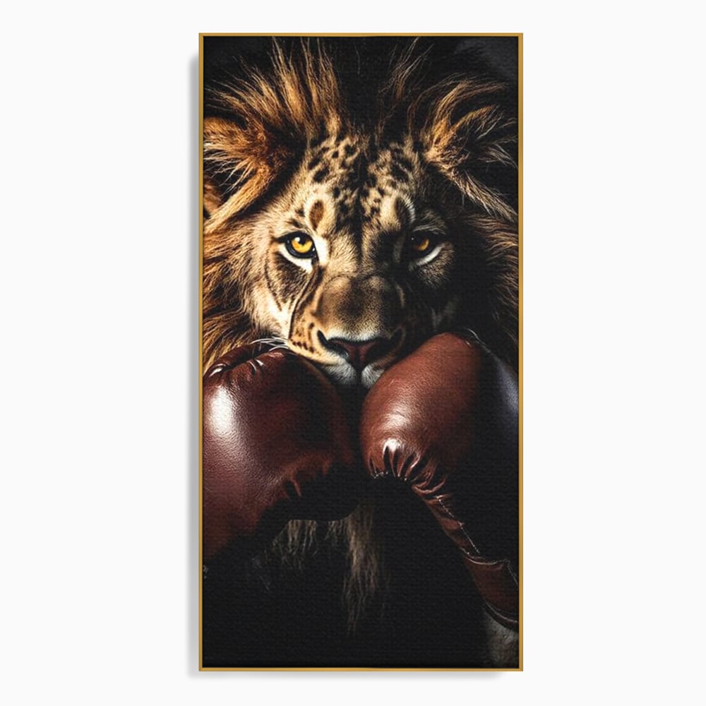 Tablou Canvas Premium, LuxCanva® M1361, Campionul Junglei, Leu, Box, Manusi, Ring, Sport, Trofeu, Forta, Victorie, Curaj, Rege, Adversar, Birou, Living, Camera Copil