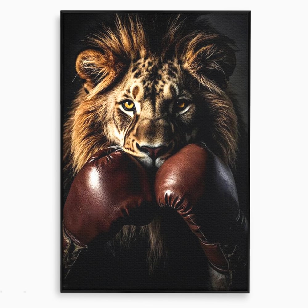 Tablou Canvas Premium, LuxCanva® M1361, Campionul Junglei, Leu, Box, Manusi, Ring, Sport, Trofeu, Forta, Victorie, Curaj, Rege, Adversar, Birou, Living, Camera Copil