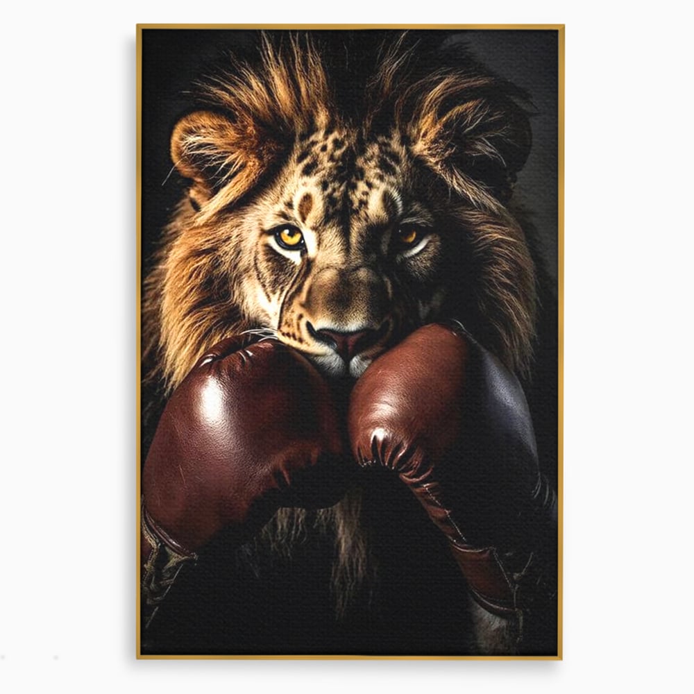 Tablou Canvas Premium, LuxCanva® M1361, Campionul Junglei, Leu, Box, Manusi, Ring, Sport, Trofeu, Forta, Victorie, Curaj, Rege, Adversar, Birou, Living, Camera Copil