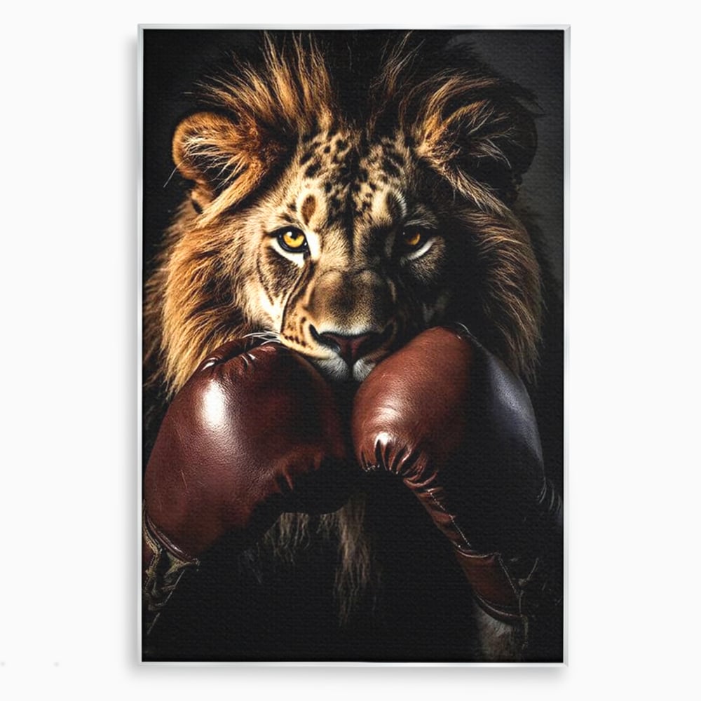 Tablou Canvas Premium, LuxCanva® M1361, Campionul Junglei, Leu, Box, Manusi, Ring, Sport, Trofeu, Forta, Victorie, Curaj, Rege, Adversar, Birou, Living, Camera Copil