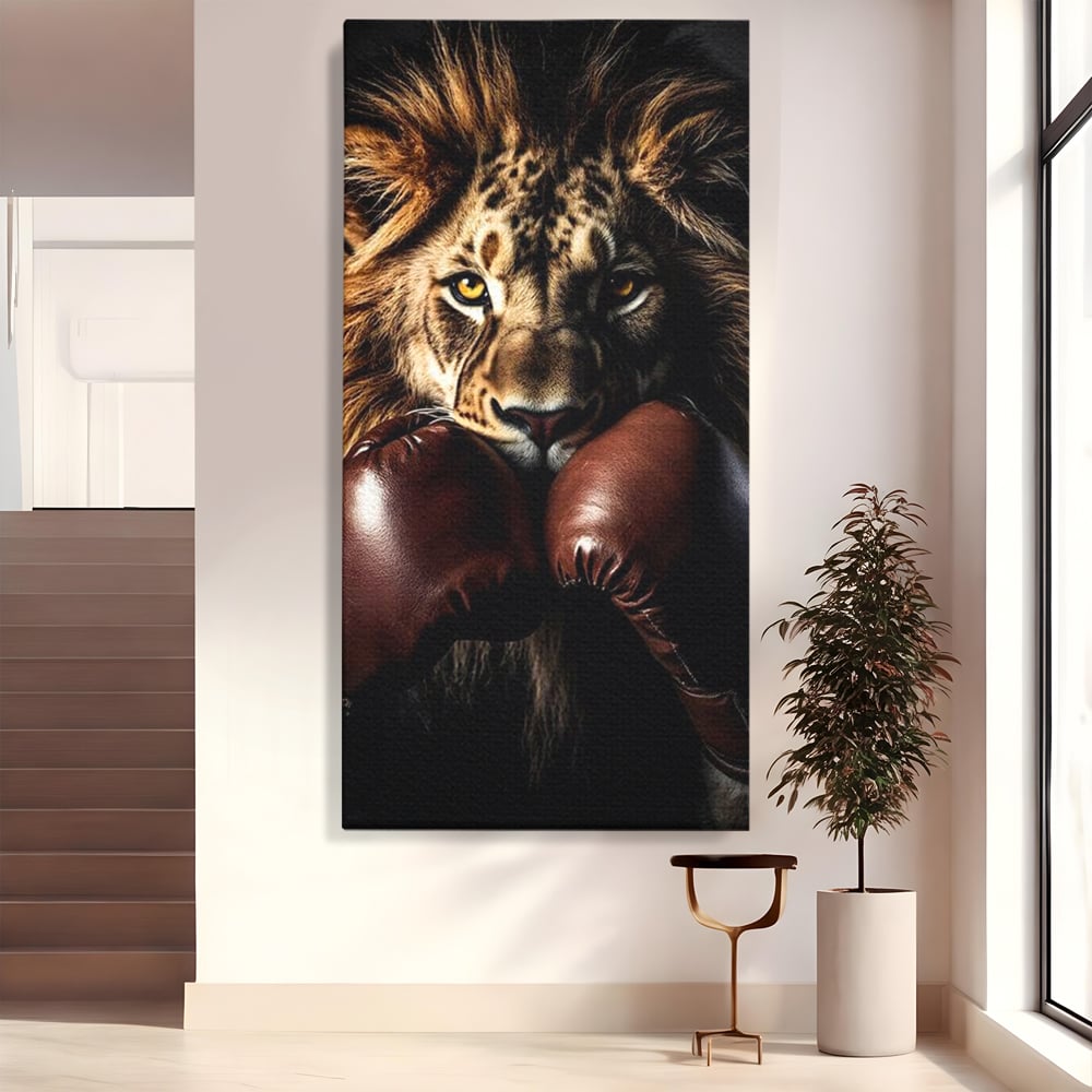 Tablou Canvas Premium, LuxCanva® M1361, Campionul Junglei, Leu, Box, Manusi, Ring, Sport, Trofeu, Forta, Victorie, Curaj, Rege, Adversar, Birou, Living, Camera Copil