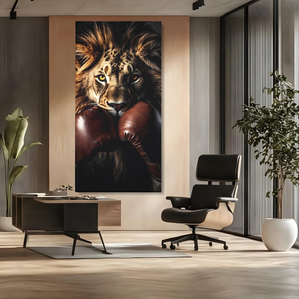 Tablou Canvas Premium, LuxCanva® M1361, Campionul Junglei, Leu, Box, Manusi, Ring, Sport, Trofeu, Forta, Victorie, Curaj, Rege, Adversar, Birou, Living, Camera Copil
