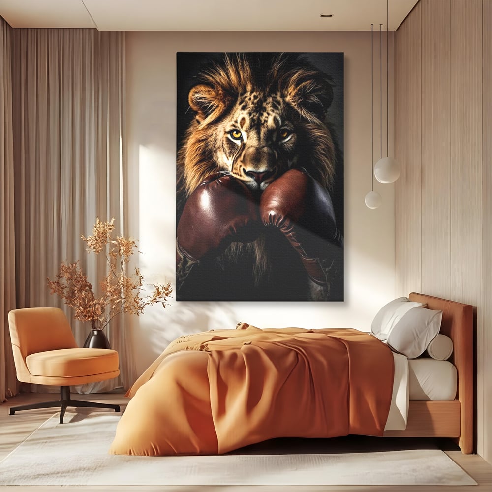 Tablou Canvas Premium, LuxCanva® M1361, Campionul Junglei, Leu, Box, Manusi, Ring, Sport, Trofeu, Forta, Victorie, Curaj, Rege, Adversar, Birou, Living, Camera Copil