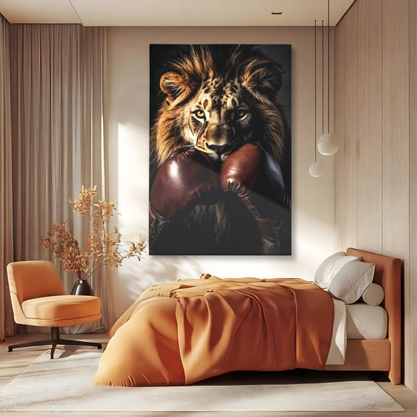 Tablou Canvas Premium, LuxCanva® M1361, Campionul Junglei, Leu, Box, Manusi, Ring, Sport, Trofeu, Forta, Victorie, Curaj, Rege, Adversar, Birou, Living, Camera Copil