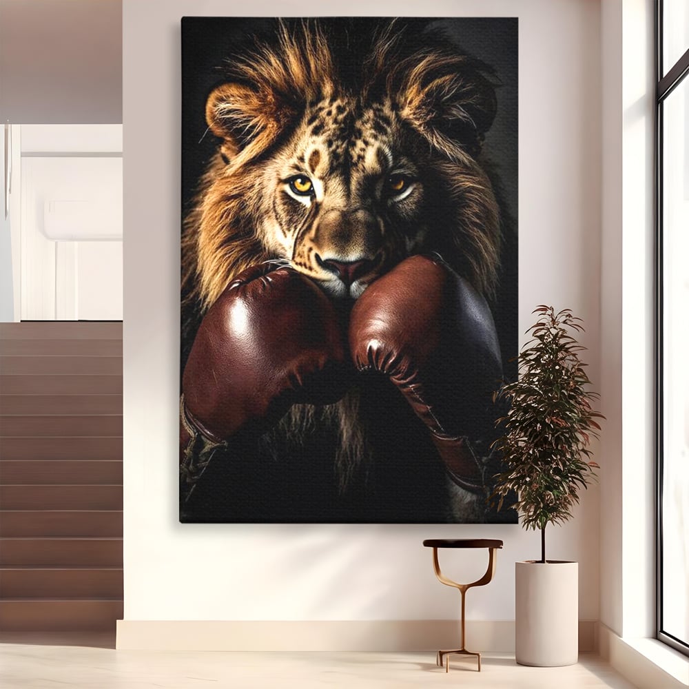 Tablou Canvas Premium, LuxCanva® M1361, Campionul Junglei, Leu, Box, Manusi, Ring, Sport, Trofeu, Forta, Victorie, Curaj, Rege, Adversar, Birou, Living, Camera Copil