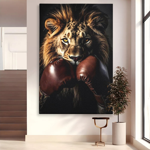 Tablou Canvas Premium, LuxCanva® M1361, Campionul Junglei, Leu, Box, Manusi, Ring, Sport, Trofeu, Forta, Victorie, Curaj, Rege, Adversar, Birou, Living, Camera Copil