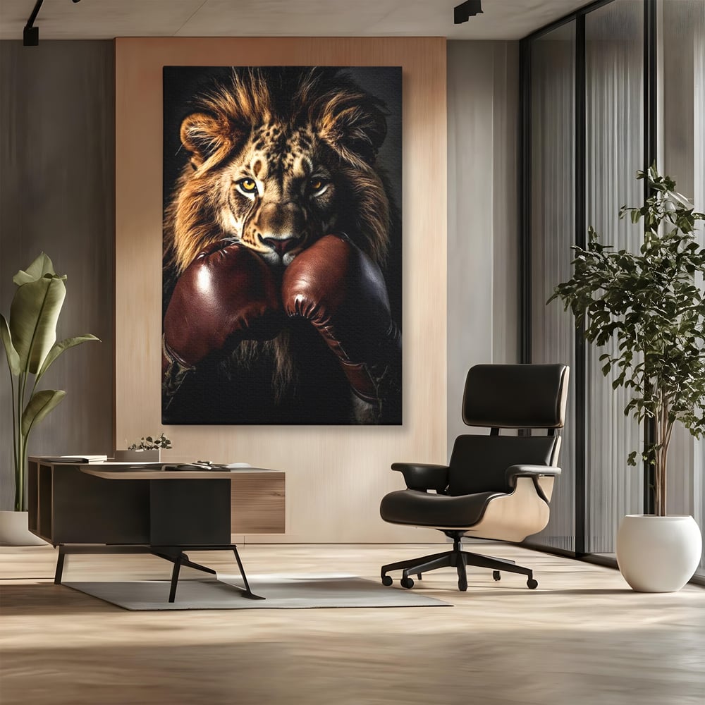 Tablou Canvas Premium, LuxCanva® M1361, Campionul Junglei, Leu, Box, Manusi, Ring, Sport, Trofeu, Forta, Victorie, Curaj, Rege, Adversar, Birou, Living, Camera Copil