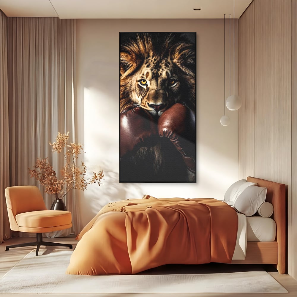 Tablou Canvas Premium, LuxCanva® M1361, Campionul Junglei, Leu, Box, Manusi, Ring, Sport, Trofeu, Forta, Victorie, Curaj, Rege, Adversar, Birou, Living, Camera Copil