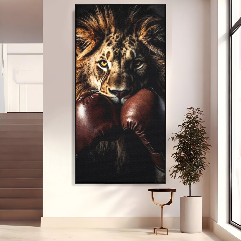 Tablou Canvas Premium, LuxCanva® M1361, Campionul Junglei, Leu, Box, Manusi, Ring, Sport, Trofeu, Forta, Victorie, Curaj, Rege, Adversar, Birou, Living, Camera Copil
