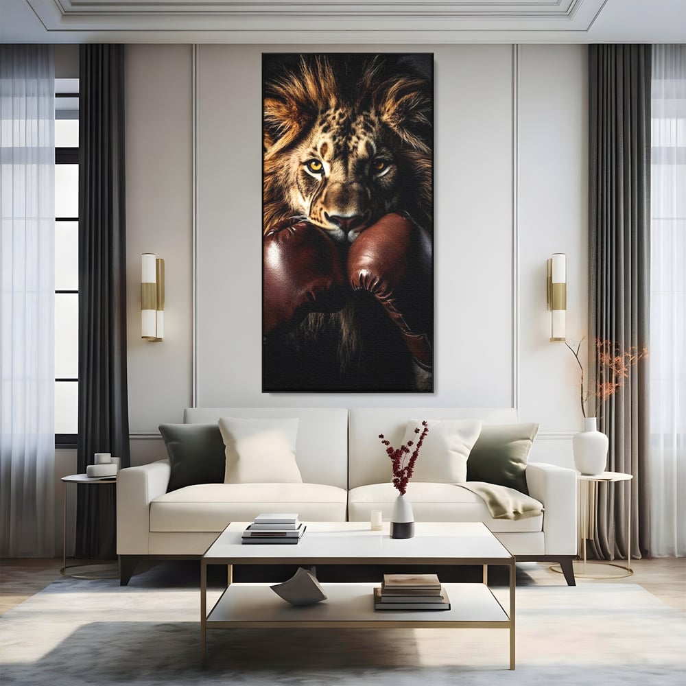 Tablou Canvas Premium, LuxCanva® M1361, Campionul Junglei, Leu, Box, Manusi, Ring, Sport, Trofeu, Forta, Victorie, Curaj, Rege, Adversar, Birou, Living, Camera Copil