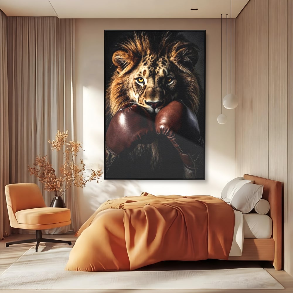 Tablou Canvas Premium, LuxCanva® M1361, Campionul Junglei, Leu, Box, Manusi, Ring, Sport, Trofeu, Forta, Victorie, Curaj, Rege, Adversar, Birou, Living, Camera Copil