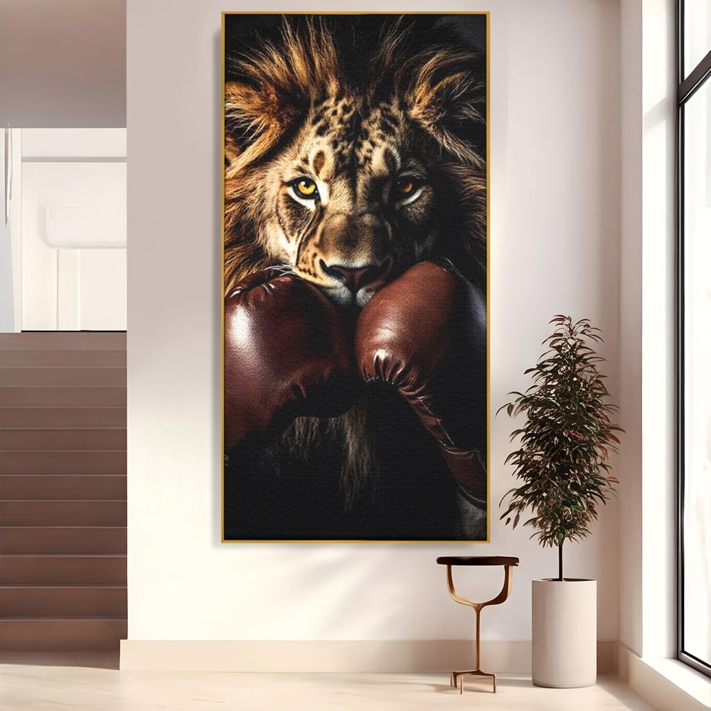 Tablou Canvas Premium, LuxCanva® M1361, Campionul Junglei, Leu, Box, Manusi, Ring, Sport, Trofeu, Forta, Victorie, Curaj, Rege, Adversar, Birou, Living, Camera Copil