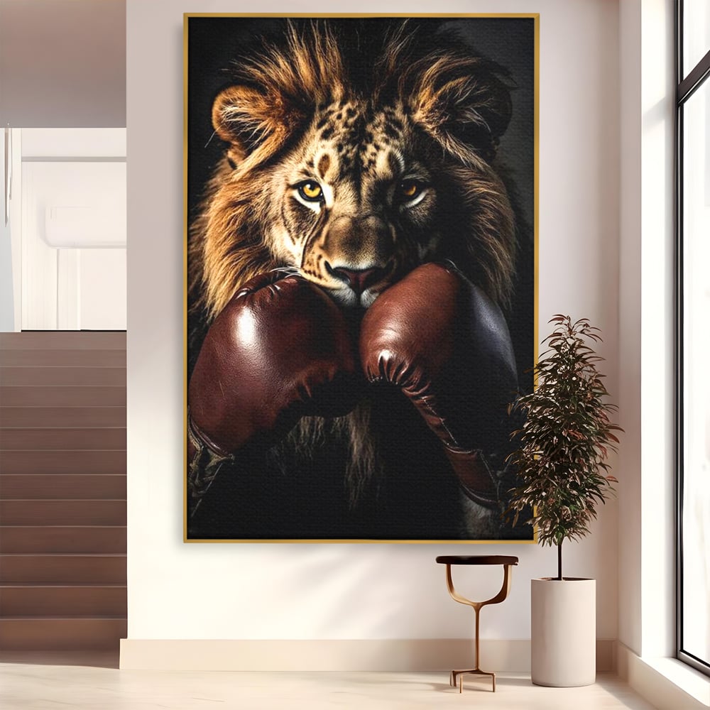 Tablou Canvas Premium, LuxCanva® M1361, Campionul Junglei, Leu, Box, Manusi, Ring, Sport, Trofeu, Forta, Victorie, Curaj, Rege, Adversar, Birou, Living, Camera Copil