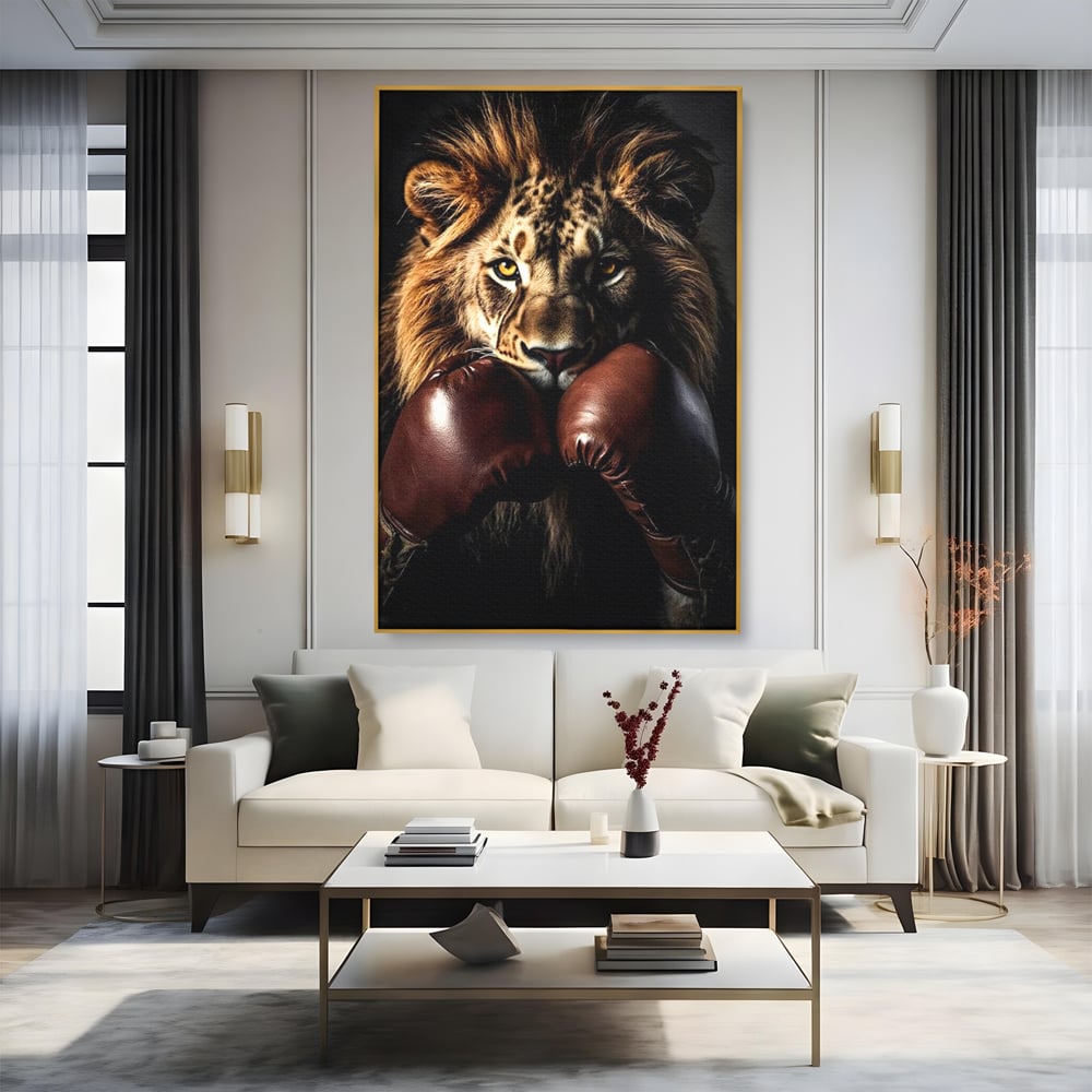 Tablou Canvas Premium, LuxCanva® M1361, Campionul Junglei, Leu, Box, Manusi, Ring, Sport, Trofeu, Forta, Victorie, Curaj, Rege, Adversar, Birou, Living, Camera Copil
