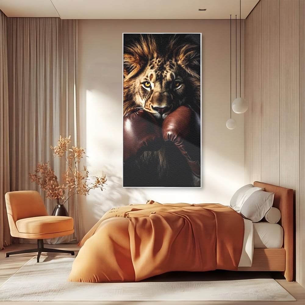 Tablou Canvas Premium, LuxCanva® M1361, Campionul Junglei, Leu, Box, Manusi, Ring, Sport, Trofeu, Forta, Victorie, Curaj, Rege, Adversar, Birou, Living, Camera Copil