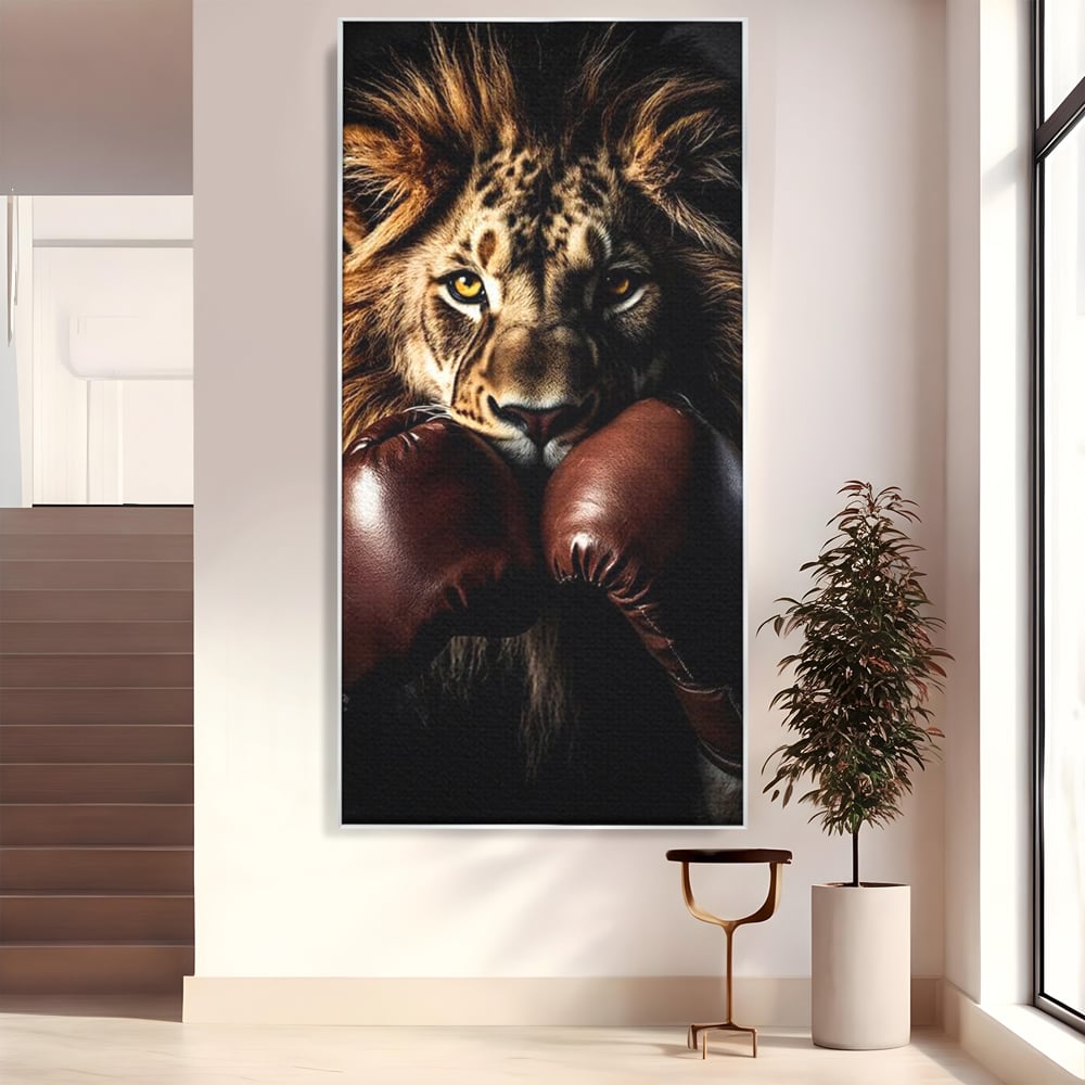 Tablou Canvas Premium, LuxCanva® M1361, Campionul Junglei, Leu, Box, Manusi, Ring, Sport, Trofeu, Forta, Victorie, Curaj, Rege, Adversar, Birou, Living, Camera Copil