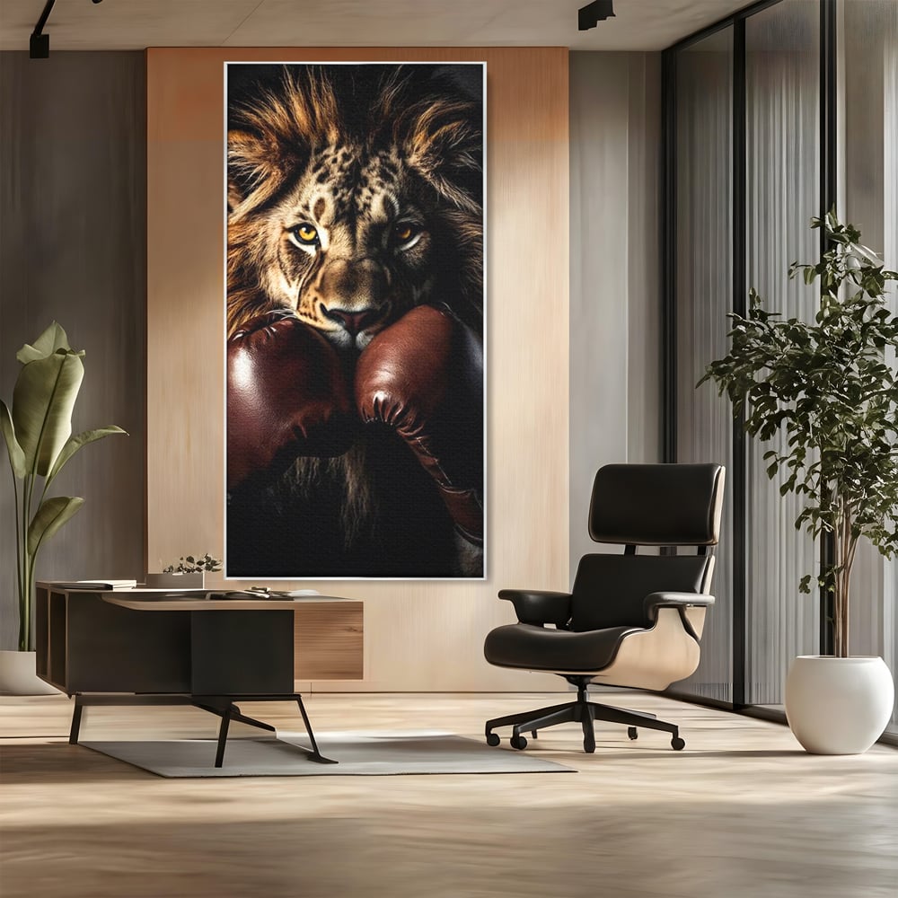 Tablou Canvas Premium, LuxCanva® M1361, Campionul Junglei, Leu, Box, Manusi, Ring, Sport, Trofeu, Forta, Victorie, Curaj, Rege, Adversar, Birou, Living, Camera Copil