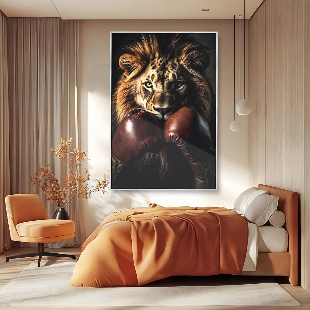 Tablou Canvas Premium, LuxCanva® M1361, Campionul Junglei, Leu, Box, Manusi, Ring, Sport, Trofeu, Forta, Victorie, Curaj, Rege, Adversar, Birou, Living, Camera Copil