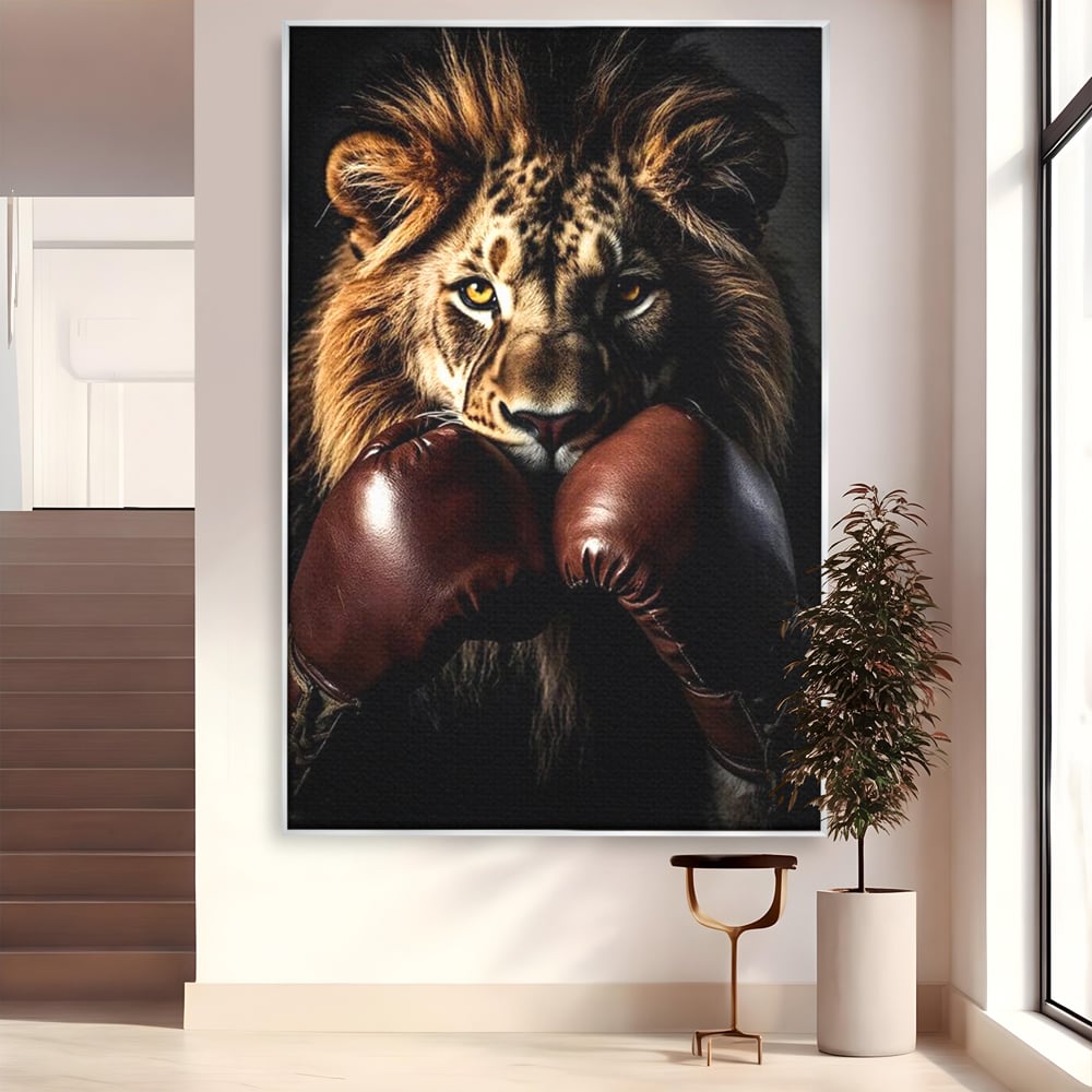 Tablou Canvas Premium, LuxCanva® M1361, Campionul Junglei, Leu, Box, Manusi, Ring, Sport, Trofeu, Forta, Victorie, Curaj, Rege, Adversar, Birou, Living, Camera Copil