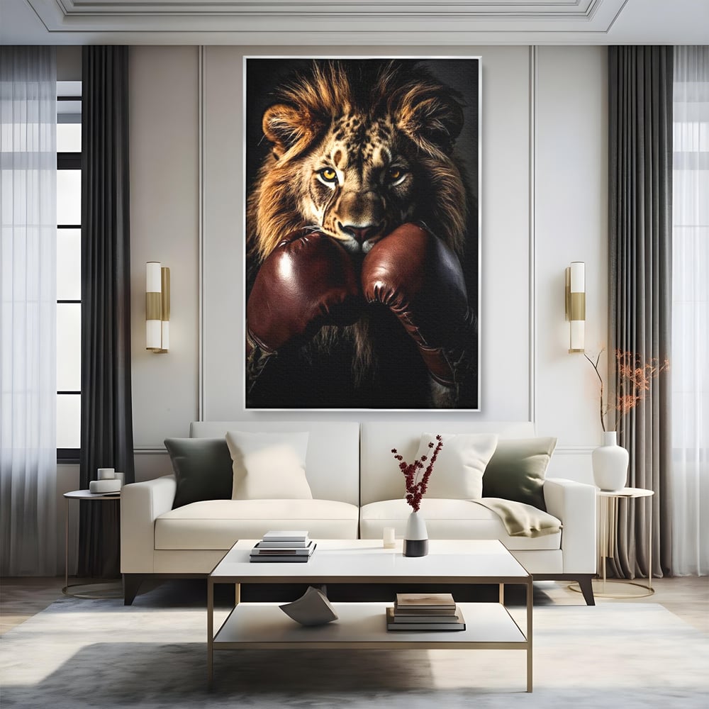 Tablou Canvas Premium, LuxCanva® M1361, Campionul Junglei, Leu, Box, Manusi, Ring, Sport, Trofeu, Forta, Victorie, Curaj, Rege, Adversar, Birou, Living, Camera Copil