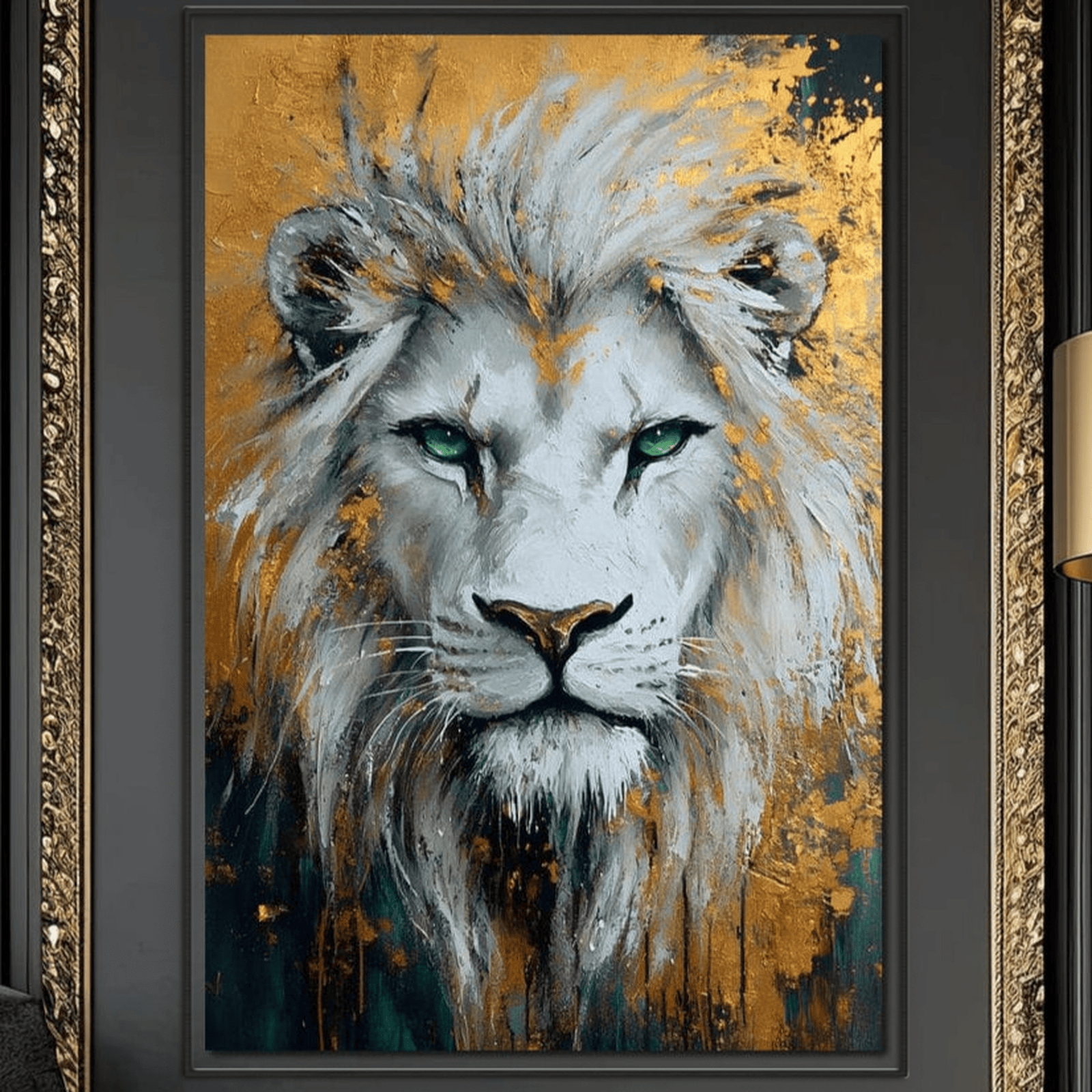 Leinwandbilder Premium, LuxCanva® M1362, Gold und Smaragd, Löwe, Tier, Dschungel, Kaiser, erhaben, edel, mächtig, golden, schimmernd, grün, Blick, Portrait, Büro, Wohnen, Kinderzimmer