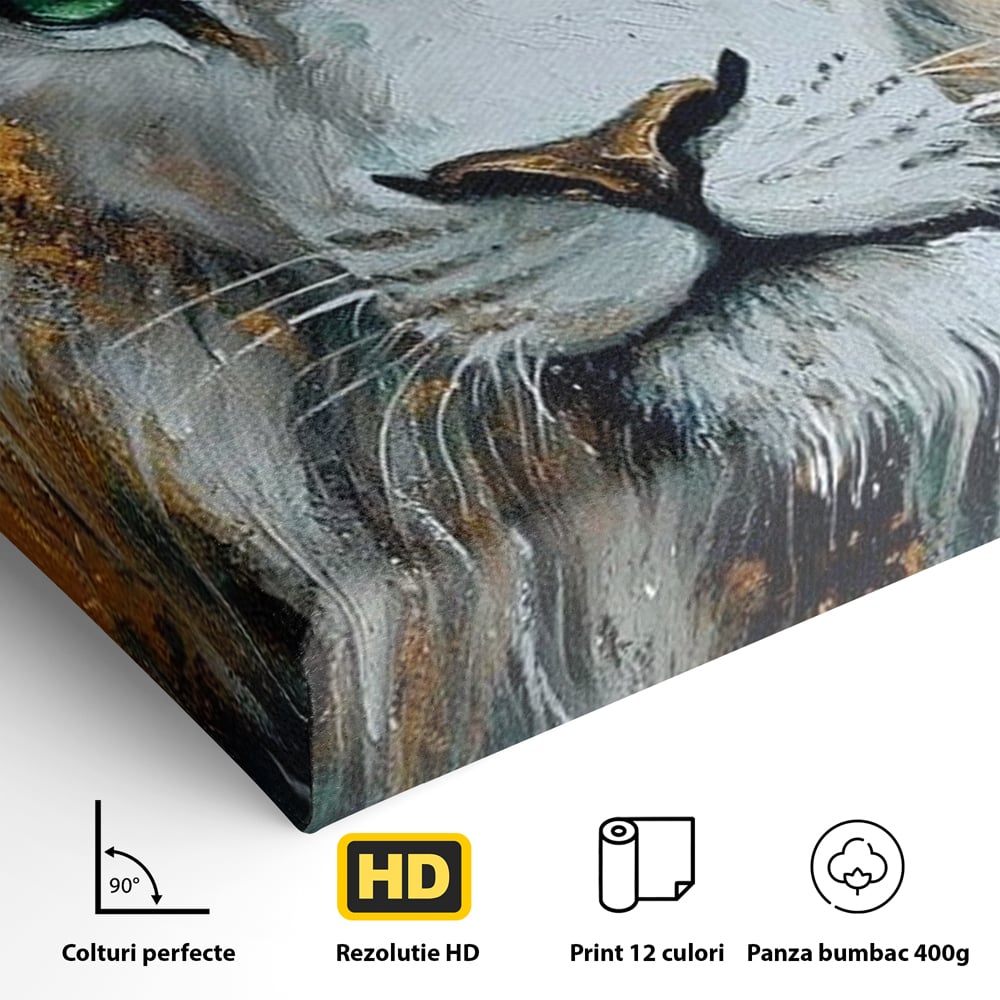 Tablou Canvas Premium, LuxCanva® M1362, Aur si Smarald, Leu, Animal, Jungla, Imparat, Suprem, Nobil, Puternic, Auriu, Stralucire, Verde, Privire, Portret, Birou, Living, Camera Copil