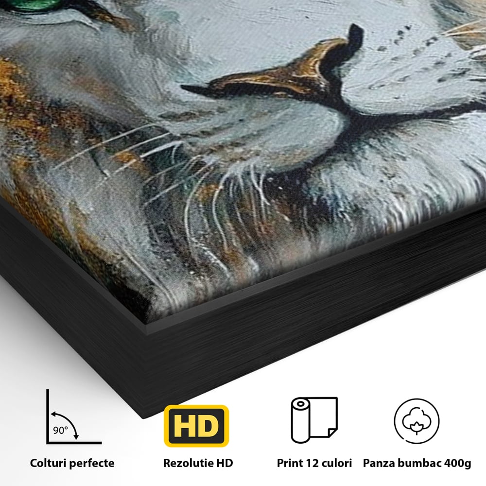 Tablou Canvas Premium, LuxCanva® M1362, Aur si Smarald, Leu, Animal, Jungla, Imparat, Suprem, Nobil, Puternic, Auriu, Stralucire, Verde, Privire, Portret, Birou, Living, Camera Copil