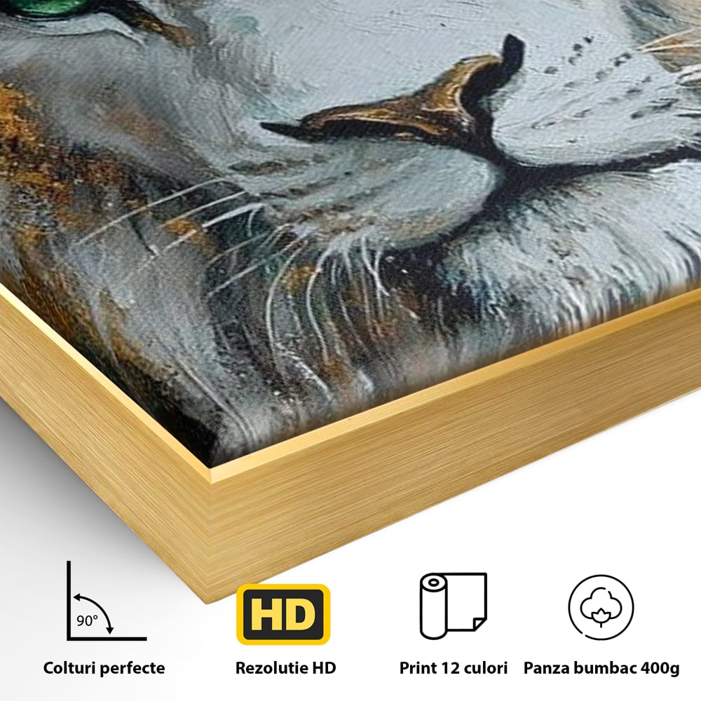 Tablou Canvas Premium, LuxCanva® M1362, Aur si Smarald, Leu, Animal, Jungla, Imparat, Suprem, Nobil, Puternic, Auriu, Stralucire, Verde, Privire, Portret, Birou, Living, Camera Copil
